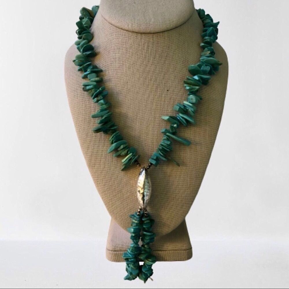 Vintage Sterling Silver and Stacked Turquoise Y Drop Necklace
